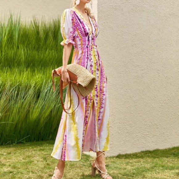 Tie Dye Puff Sleeve Button Down Maxi Dress - Picture 5 of 9